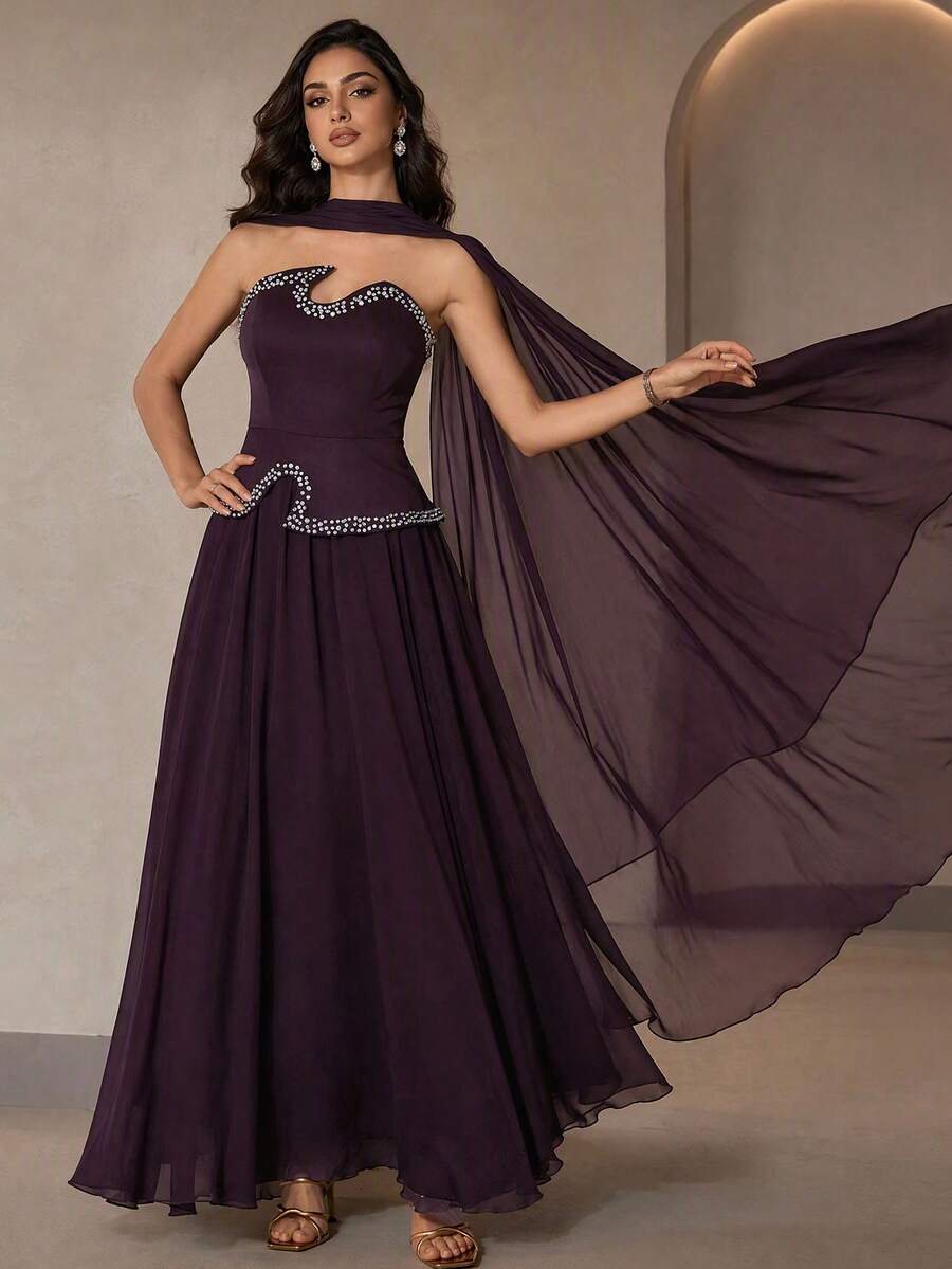 Elegant Women's Strapless Beaded Evening Gown, Asymmetrical Design, Perfect For Prom And Evening Events, 2 Pieces Set With Ribbon - Dark Purple - View 1