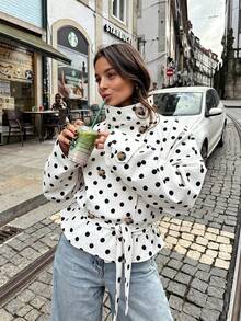 Women's Polka Dot Drawstring Loose Windbreaker Jacket, Casual Wear For Autumn & Winter Vacation - Apricot - View 4