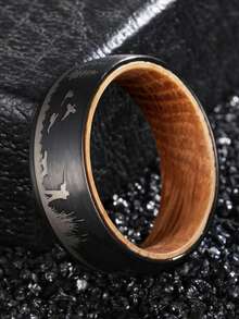 1pc 8mm-Wide Tungsten Carbide Trees Forest Hunting Dear Lasered Silver Black Whiskey Barrel Wood Ring For Wedding,Exquisite Men's Accessory Jewelry - Black - View 13