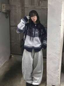 Cardigan Rajut Fair Isle Motif Salju dengan Resleting, Jaket Sweater Longgar Kasual Vintage yang Lembut dan Nyaman - Navy Blue - View 7