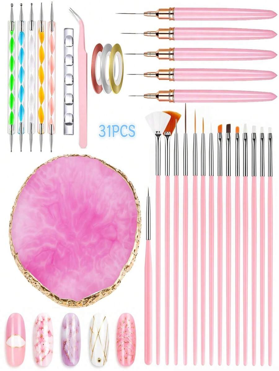 31Pcs Nail Art Tools Set, Nail Art Brushes, Liner Pens, Dotting Tools, Nail Palette And Nail Stickers Tweezers, Multi Function Manicure Supplies For Nail Art Design - Multicolor - View 1