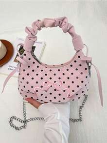 1pc Girls Bow Polka Dot PU Zipper Closure Sweet Ruffle Handbag Crossbody Bag Suitable For All Seasons Daily Use - A - View 9