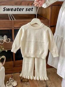 2pcs Set: 1pc Elegant Style Solid Color Polka Dot Hollow Neck Raglan Sleeve Knit Pullover Sweater And 1pc Minimalist Style Solid Color Lace Knit Long Pants For Baby Girls, Suitable For Casual, Vacation, Spring, Autumn, Winter - Apricot - View 3