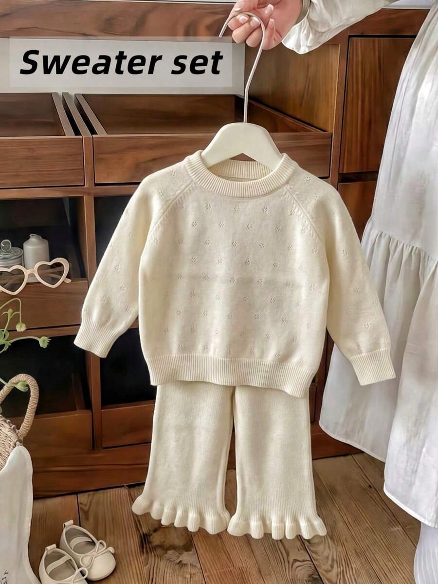 2pcs Set: 1pc Elegant Style Solid Color Polka Dot Hollow Neck Raglan Sleeve Knit Pullover Sweater And 1pc Minimalist Style Solid Color Lace Knit Long Pants For Baby Girls, Suitable For Casual, Vacation, Spring, Autumn, Winter - Apricot - View 1