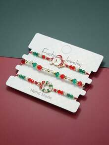 3Pcs/Set Men Women's Christmas Charm Beaded Bracelet, Adjustable String Stackable Bracelets, Holiday Party Jewelry Gift For Lover - Multicolor - View 14
