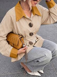 Striped Colorblock Collar Shirt, Cinched Waist Gold Button Top, Elegant Commuter Outfit For Spring And Autumn - Multicolor - View 2