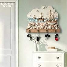 2D Flat Non-3D Nautical Sailboat Shell Wooden Key Hook Wall Decor, Coastal Beach Style Entryway Wall-Mounted Key Storage Rack, Room Decoration, Living Room Decoration, Home Decor, Nautical Mother's Day Gift, Seaside Cottage Entryway Wall-Mounted Key Hook - Multicolor - View 3