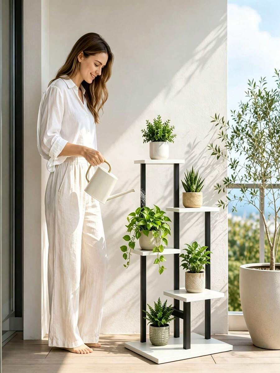 4-Tier Staggered Plant Stand, Black White, Uneven Height Design, Stable Large Base, For Living Room Balcony Plant Display, Indoor Corner Decor - Multicolor - View 1