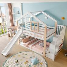 Bunk Bed With Slide And Stairs, Scandinavian Style Solid Wood Bed Frame With Safety Guard Rails, Built-In Storage, Space-Saving Design, EN 747-1:2024 Certified - White + Wood + Contemporary + Mid-century Modern + - View 3