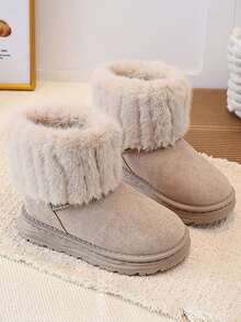 1 Pair Vintage Girls' Snow Boots, Faux Fur Trim, Winter Thermal Lined Ankle Boots - Light Grey - View 4