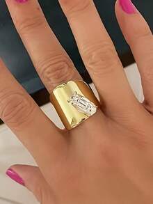 Creative Wide Band Luxury 18K Gold Plated Geometric Zirconia Ring For Women, Minimalist Fashion Ring For Evening Party - Gold - View 2