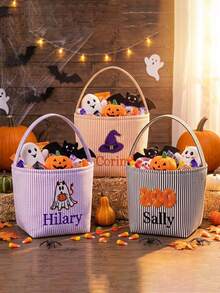 個性化萬聖節籃子（附南瓜圖標）－刺繡「Trick Or Treat」姓名款袋子－客製化萬聖節糖果桶，萬聖節禮物 - 彩色 - 查看 3