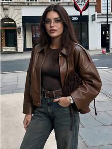 Women's Short Brown PU Leather Jacket, Loose Batwing Long Sleeve Lapel Coat With Elastic Hem - Brown - View 3