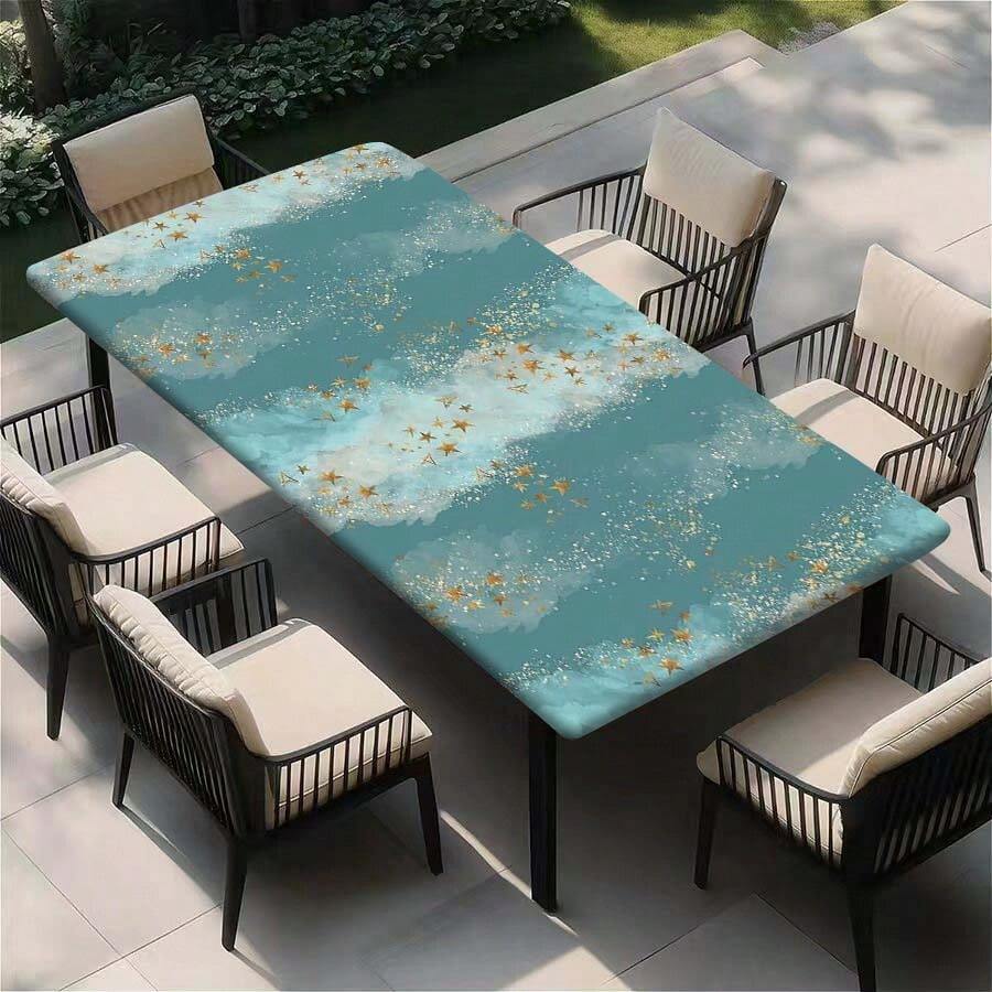 1pc Star Pattern Tablecloth, Suitable For Camping And Picnic - Retractable And Washable Rectangular Table Cover With Elastic Edge, Starry Sky Theme Outdoor Dining Tablecloth, Machine-Made Table Cover, Suitable For Party, BBQ, Picnic - B - View 1