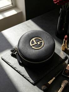 Black Water‑Ripple Textured Round Cosmetic Pouch Double‑Zipper Circular Makeup Case With Large 3D Metal Logo Faux‑Leather Portable Travel Storage Bag For Cushion Jewelry Small Cosmetics Holiday Gift Armani - Black - View 1