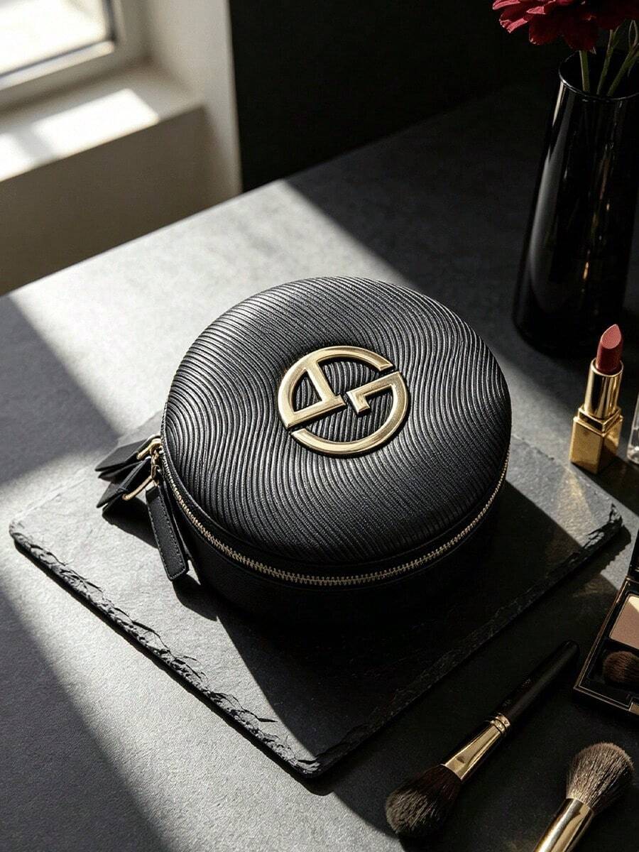 Black Water‑Ripple Textured Round Cosmetic Pouch Double‑Zipper Circular Makeup Case With Large 3D Metal Logo Faux‑Leather Portable Travel Storage Bag For Cushion Jewelry Small Cosmetics Holiday Gift Armani - Black - View 1