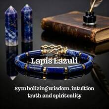 Lapis Lazuli Tube Bead Bracelet, Adjustable Gold Chain Natural Stone Bracelet, Symbolizing Wisdom, Intuition, Truth And Spirituality, Unisex Jewelry Gift - Multicolor - View 2