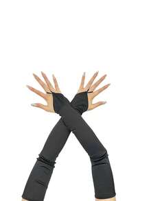 1 Pair Long Fingerless Satin Arm Sleeves, Fresh And Sweet Style, Sun Protection, For Makeup And Ball - Black - View 6
