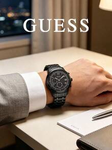 GUESS W1001G3 All-Black Ion-Plated Stainless Steel Three-Dial Chronograph Men's Quartz Watch, Roman Numerals Matte Black Dial Calendar Multifunction, 44mm Large Dial Business Commute Rugged Men's Wristwatch - Black - View 3
