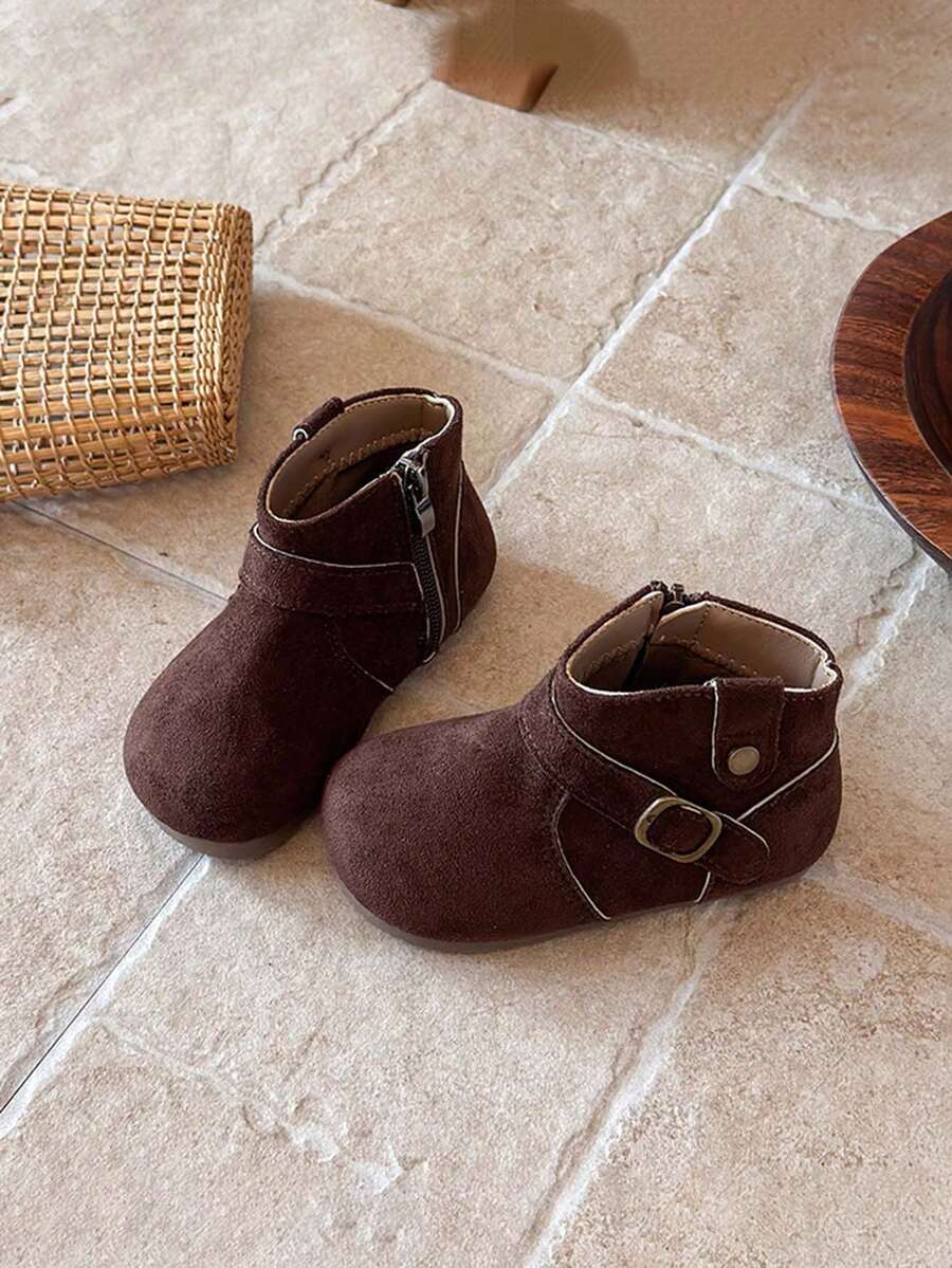Children's Suede Ankle Boots With Side Zipper And Metal Buckle Decor, Versatile Casual Kids Shoes For Autumn/Winter - Brown - View 1