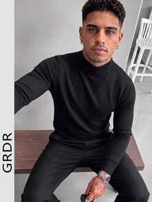 GRDR 男士秋冬半高領長袖針織毛衣,時尚內搭穿著 - 黑色 - 查看 8