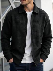 Men's Waffle Knit Lapel Full Zip Long Sleeve Jacket, Casual Everyday Wear Sweatshirt - Black - View 11