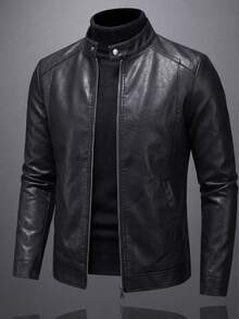 Men's PU Leather Jacket, Motorcycle Jacket, Stand Collar Leather Jacket, Black Jacket, Casual, Commute, Party, Work - Black - View 1