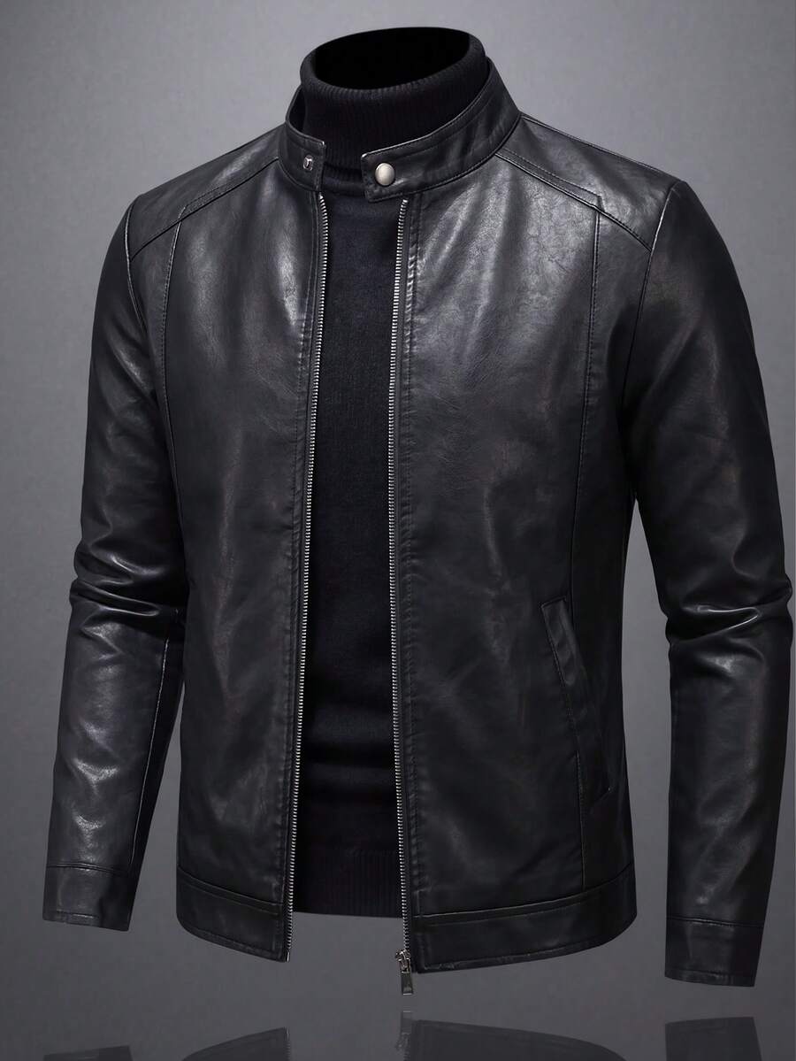 Men's PU Leather Jacket, Motorcycle Jacket, Stand Collar Leather Jacket, Black Jacket, Casual, Commute, Party, Work - Black - View 1