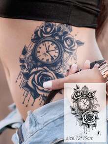 1pc Herbal Juice Semi-Permanent Magic Tattoo Sticker, Vintage Rose Clock Butterfly Pattern, Long-Lasting 14 Days, No Fading, No Reflection, Temporary Tattoo For Arm, Waist, Abdomen, Leg And Body - Blue - View 5