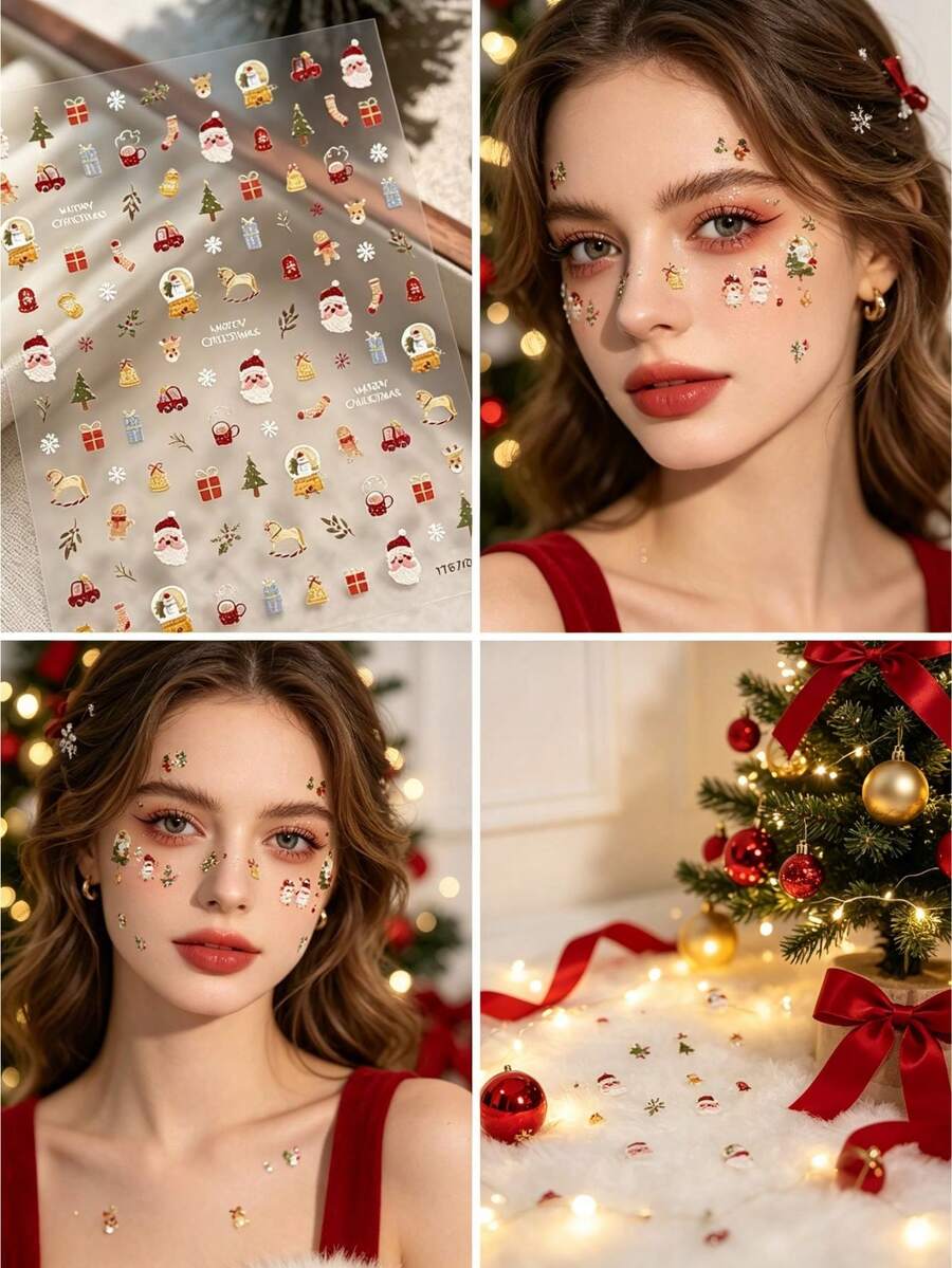 1pc Christmas Party Makeup Face Sticker Set With Exclusive Tweezers, Self-Adhesive, Santa Claus Christmas Tree Gift Cartoon Pattern Facial Stickers For Christmas Photos, Holiday Parties, Family Gatherings Photo Decoration - Multicolor - View 1
