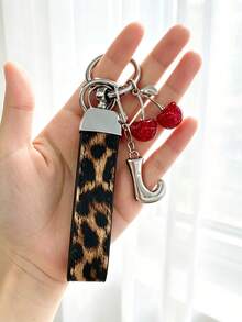 26 Alphabet Letter Keychain Pendant Creative Leopard Print PU Rope Key Strap, Cherry Charm, Car Keychain Pendant, Bag Charm Accessory, Key Decoration Accessory, 26 Letters To Choose From, Meaningful Gift For Family And Friends On Holidays - Brown - View 17