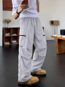 1pc Men's American Casual Sports Style Multi-Pocket Single Zipper Drawstring Loose Fit Casual Long Pants - Grey - View 1