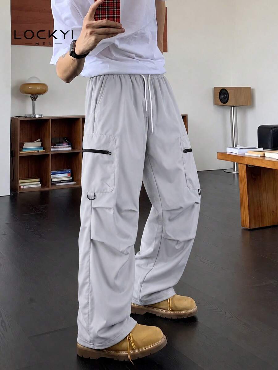 1pc Men's American Casual Sports Style Multi-Pocket Single Zipper Drawstring Loose Fit Casual Long Pants - Grey - View 1