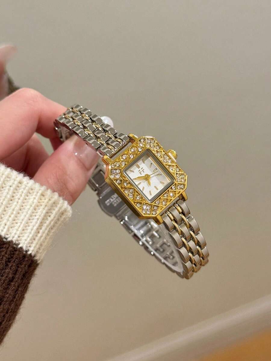 1件女款雙色金銀錶帶白色錶盤鑲鑽錶圈時尚設計方形石英手錶,適合日常配戴 - 銀間金 - 查看 1
