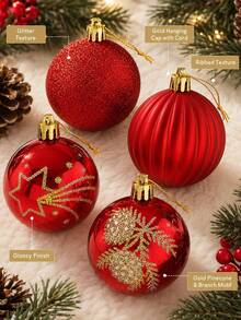 9pcs Red & Gold Christmas Ball Decoration Set, Including Matte, Glitter, Shiny & Textured Styles, Suitable For Outdoor Christmas Tree, Garden, Yard, Porch, Front Door Wreath, Garland, Holiday Party, Wedding, New Year & Winter Home Decor - Red - View 2