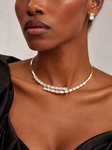3pcs/Set Earrings & Necklace Jewelry Set, Double-Row Rectangular Cut Rhinestone Necklace + Minimalist Square Stud Earrings, Wedding Banquet Party Accessories - Rhinestone - View 1