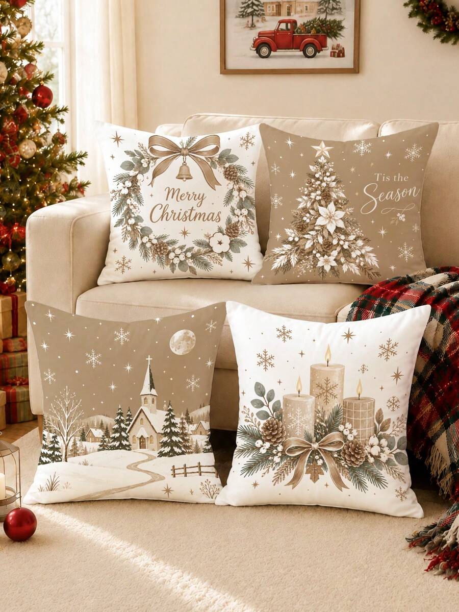 Christmas Light Brown Poinsettia Christmas Tree Farm Snow Scene Pattern ...