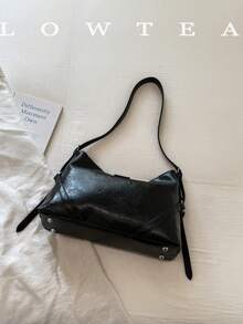 low tea 1 buah Tas Bahu Minimalis Fashion dengan Gesper, Bahan PU, Cocok untuk Bepergian, Berbelanja, dan Lainnya - Hitam - View 5