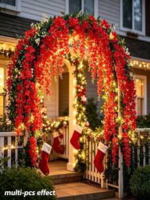 60pcs Red Artificial Wisteria Flowers, Dense Faux Wisteria Vine Garland, Artificial Christmas Flowers, Hanging Vines, Faux Plants, Suitable For Wedding Decor, Porch, Wall Decor, Birthday Party, Room Decor, Garden And Home Decor Outdoor Artificial Flowers, Suitable As Valentine's Day, Halloween Or Christmas Gifts, DIY Floral Arrangement - Red - View 4