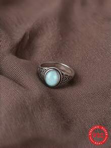 S925 Sterling Silver Vintage Scroll Pattern Opal Ring, Distressed Carved Iridescent Australian Opal Niche Women's Finger Ring Accessory - Silver - View 4