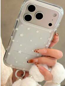 Korean Style Ins White Star Matte Frosted Phone Case Compatible With Apple 17, 18 Pro Max, New 16, Dual Layer IMD 15, Anti-Drop Protective Cover, 14 With Pom Pom Hand Strap - Multicolor - View 1
