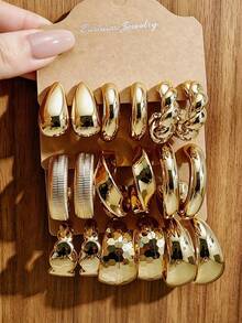 6/18PCS Fashionable Elegant Geometric Multi- Gold Metallic Earring Set, Women's Fashion Earring Set (Lightweight ABS Material, Non-Fading) - Yellow Gold - View 3