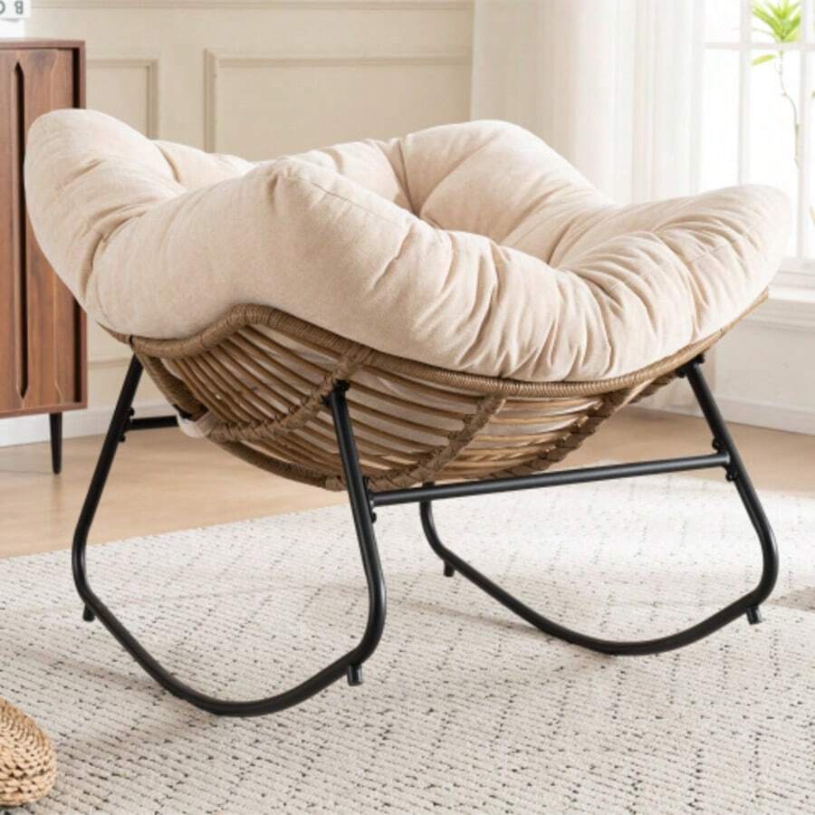 Oversized Egg Rocking Chair, Wicker Rattan Patio Lounge Chair With Thick Cushion, Egg-Shaped Rocker For Balcony, Porch, Garden & Bedroom - Beige - View 1
