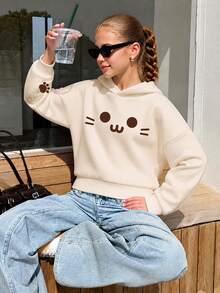 1pc Teen Girls Soft Cute Healing Style Cartoon Cat Smiling Face Pattern Loose Long Sleeve Pullover, Fun Cat Paw Print Comfortable Skin-Friendly Top, Casual Versatile Daily Outfit, Lazy Sweet Style Essential Item For Autumn Winter Early Spring - Apricot - View 2