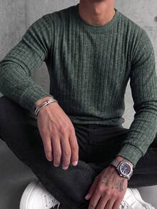 Suéter de punto de manga larga con cuello redondo y textura de costillas verticales para hombre, capa base para desplazamientos - Verde - Ver 5