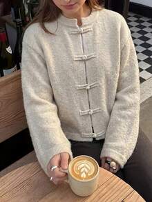 Women's Casual Elegant Vintage Button Design Knitted Cardigan Sweater, Suitable For Office Work And Daily Wear - Apricot - View 8