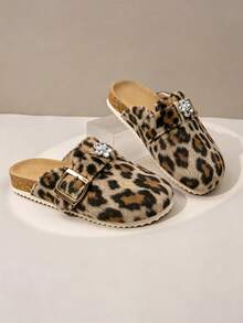 Girls' Leopard Print Plush Mule Slippers With Vintage Bronze Metal Buckle, Rhinestone Flower Decor, Cork Sole, Non-Slip, Autumn/Winter Half-Slip-On - Maroon - View 2