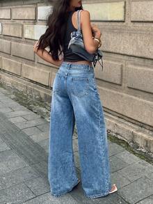 Vintage Blue Wide Leg Jeans Loose Fit Slimming Drape Non-Clinging Flare Pants Casual Daily Wear - Medium Wash - View 6