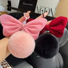 Soft Velvet Bow Large Pom Pom Keychain, Faux Rabbit Fur Pom Pom Bag Charm, Girly Bag Pendant, Best Friend Small Gift - Multicolor - View 1