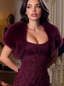 Women's Burgundy Faux Fur Short Cape, With Open Front Wool Collar, Regular Short Sleeve, Woven Fabric, Suitable For New Year And Christmas Glamorous Outfit Faux Fur Jacket - Burgundy - View 3